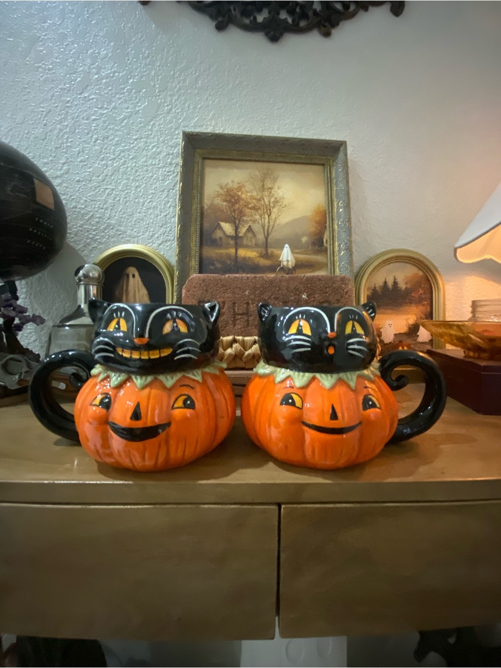 Vintage-Inspired Halloween Pumpkin & Black Cat Ceramic Mugs - Johanna Parker